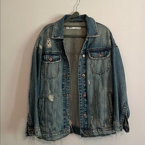 Zara Blue Oversized Distressed Denim Jacket